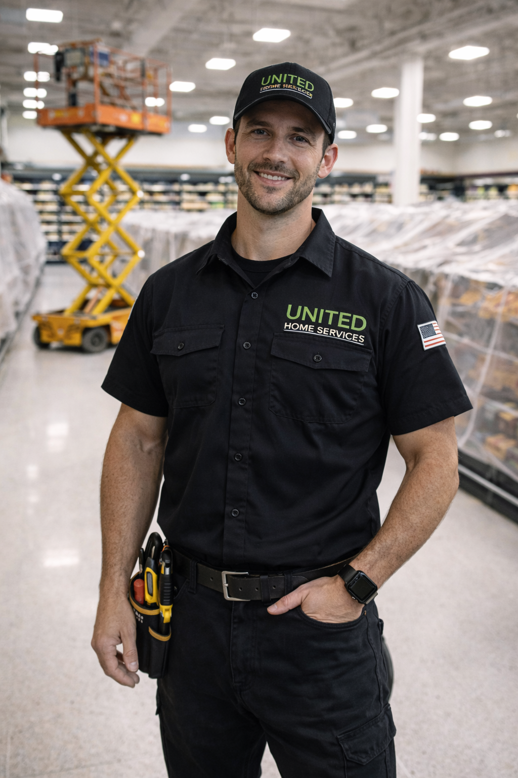 air duct technician in supermarket aisle