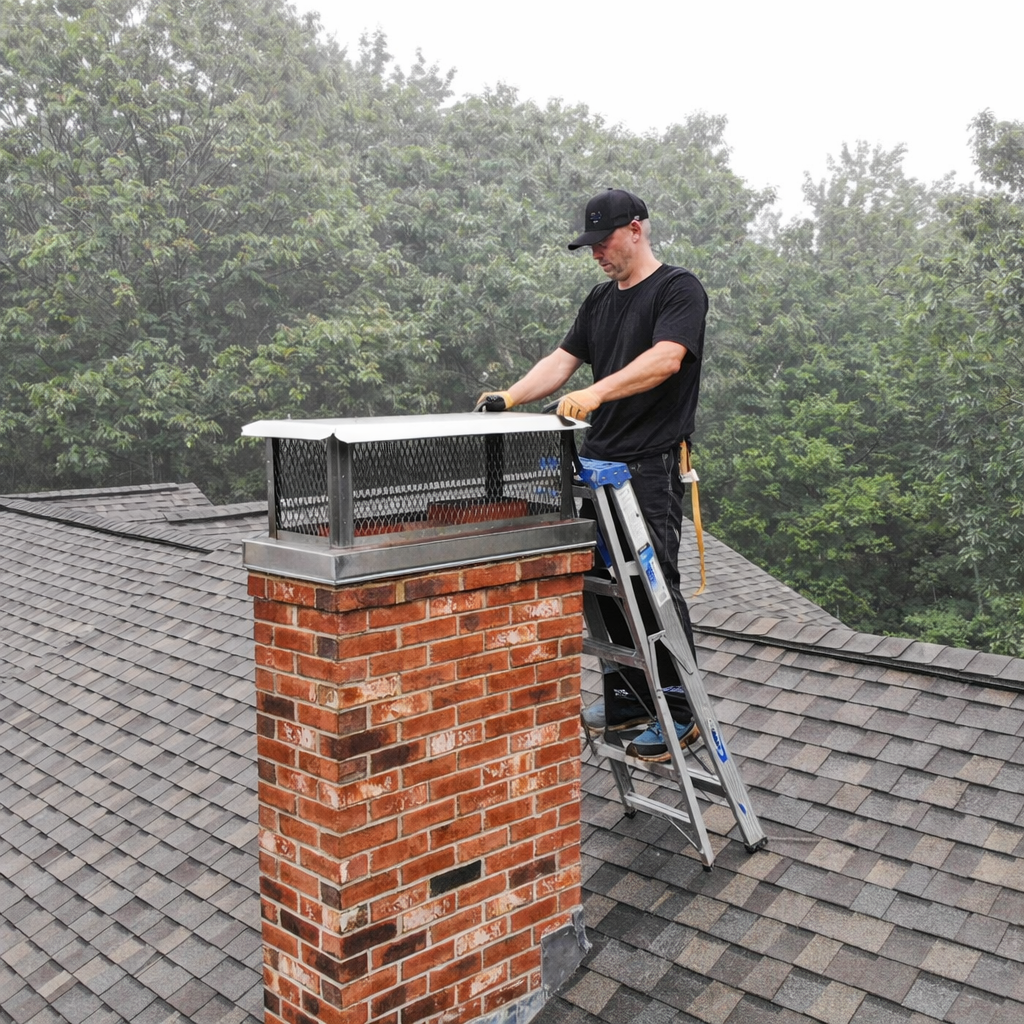chimney technician installing a metal cap