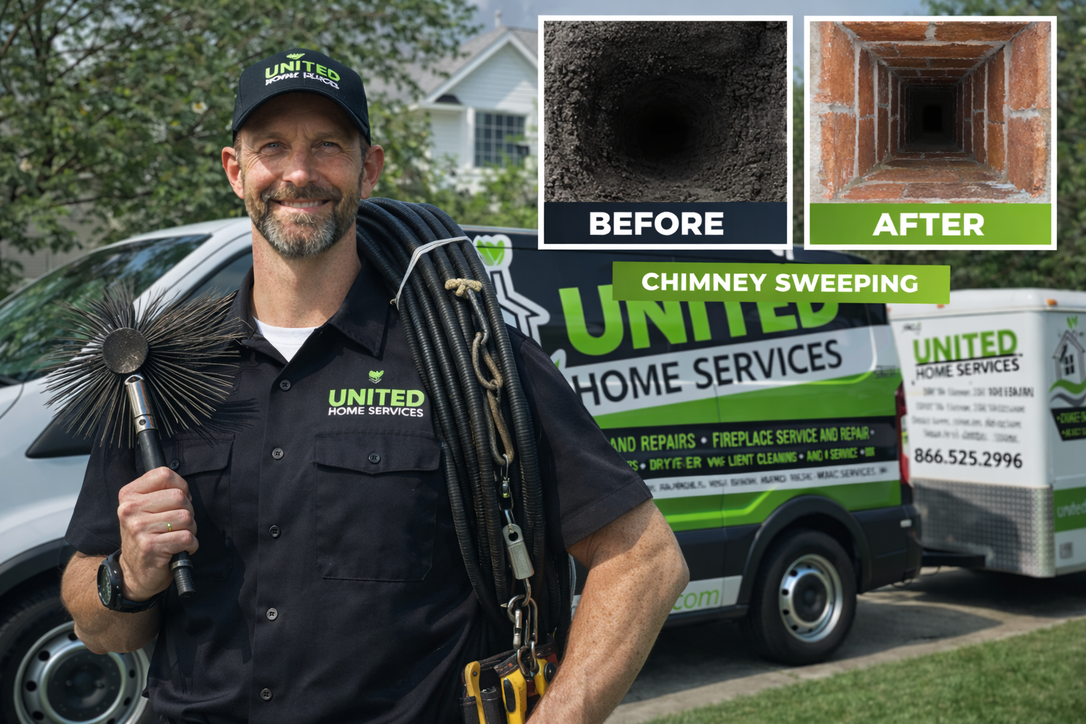 chimney technician with cleaning tools