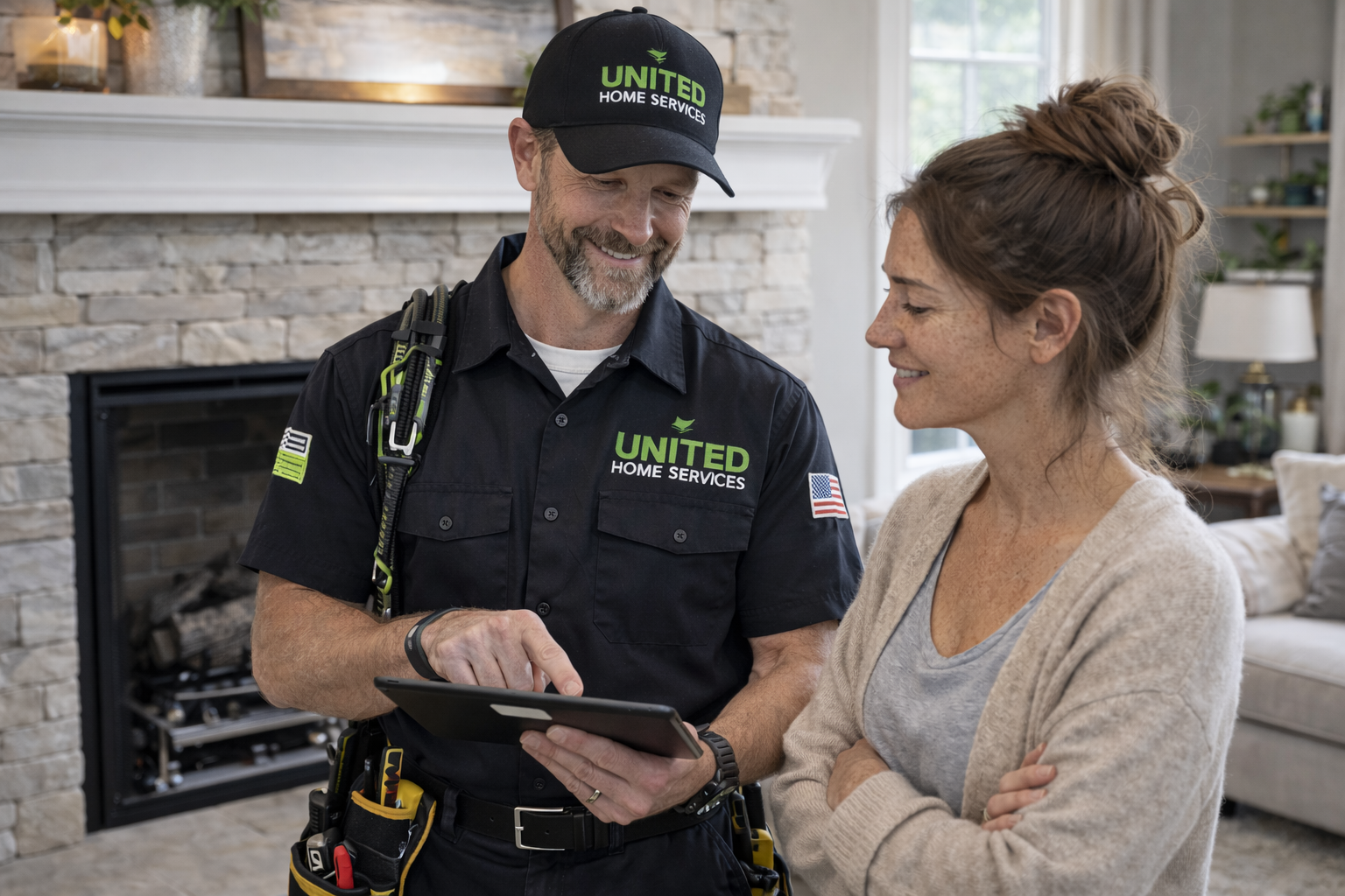 technician explains fireplace report to homeowner
