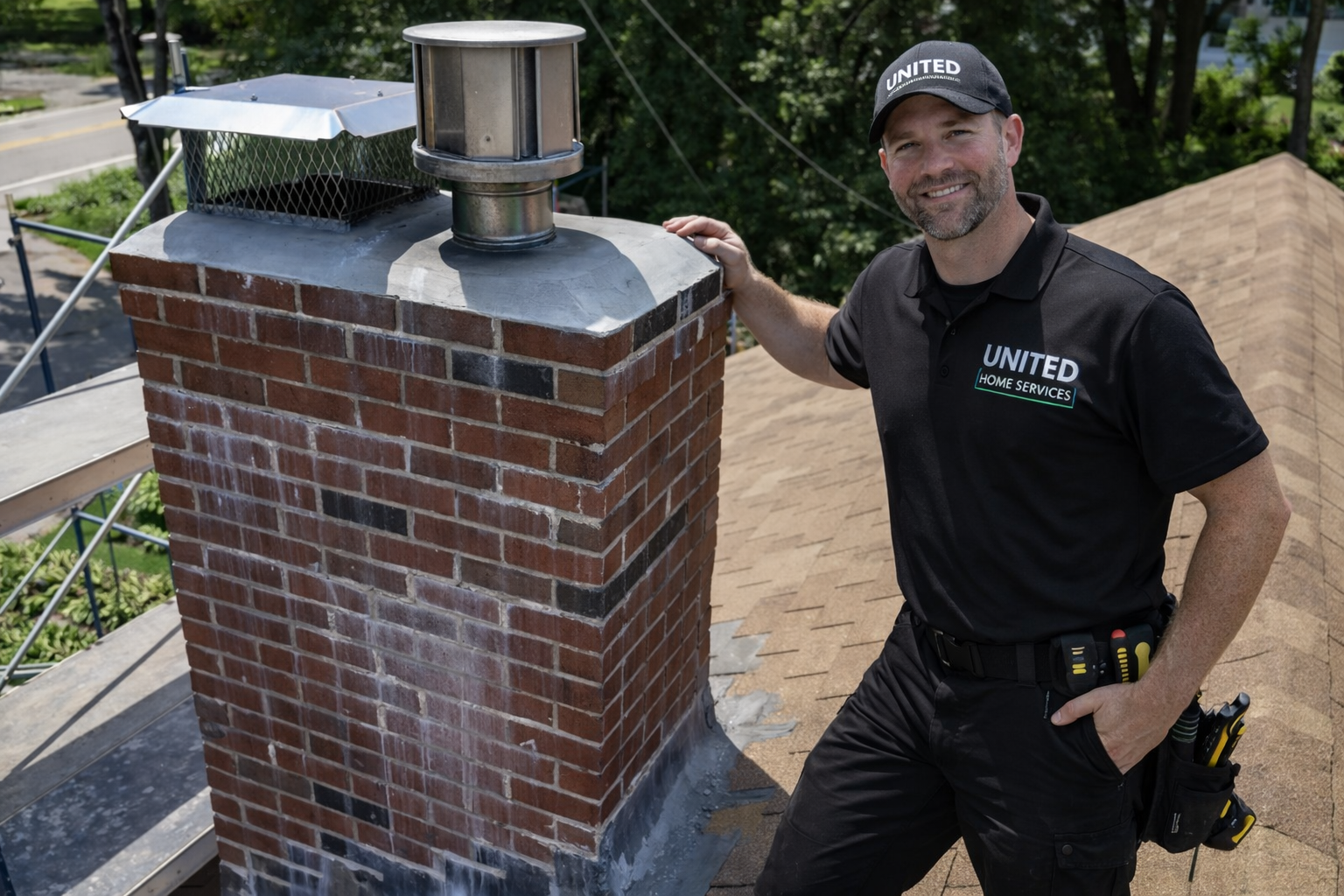 technician on roof with chimney