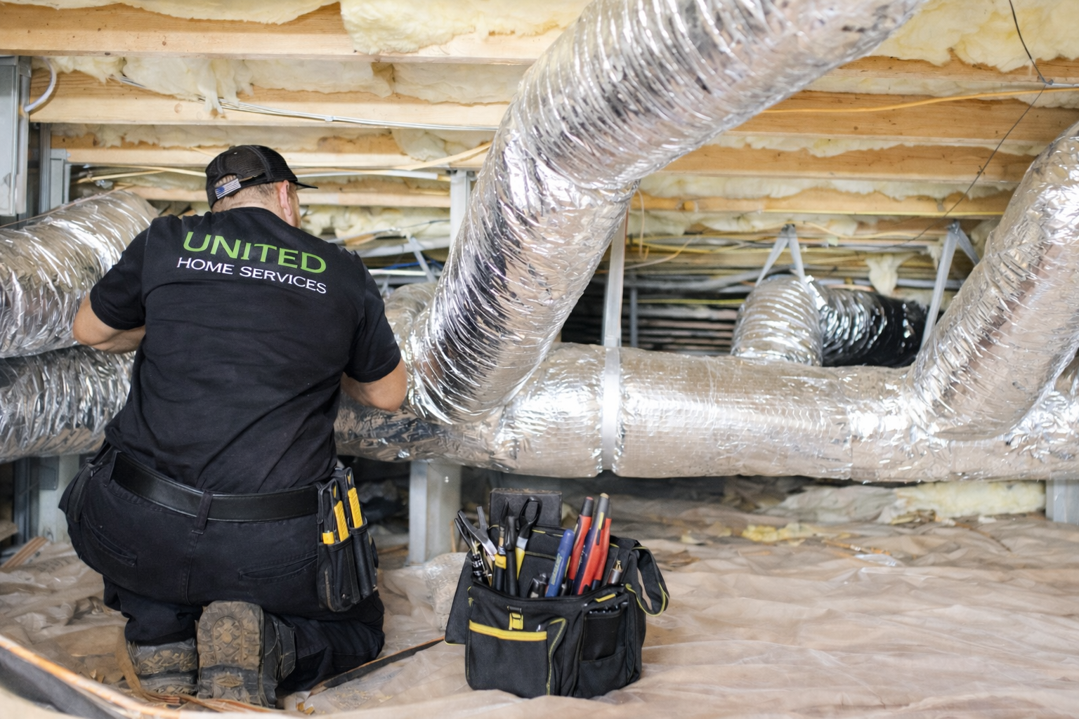 technician servicing ducts in crawl space