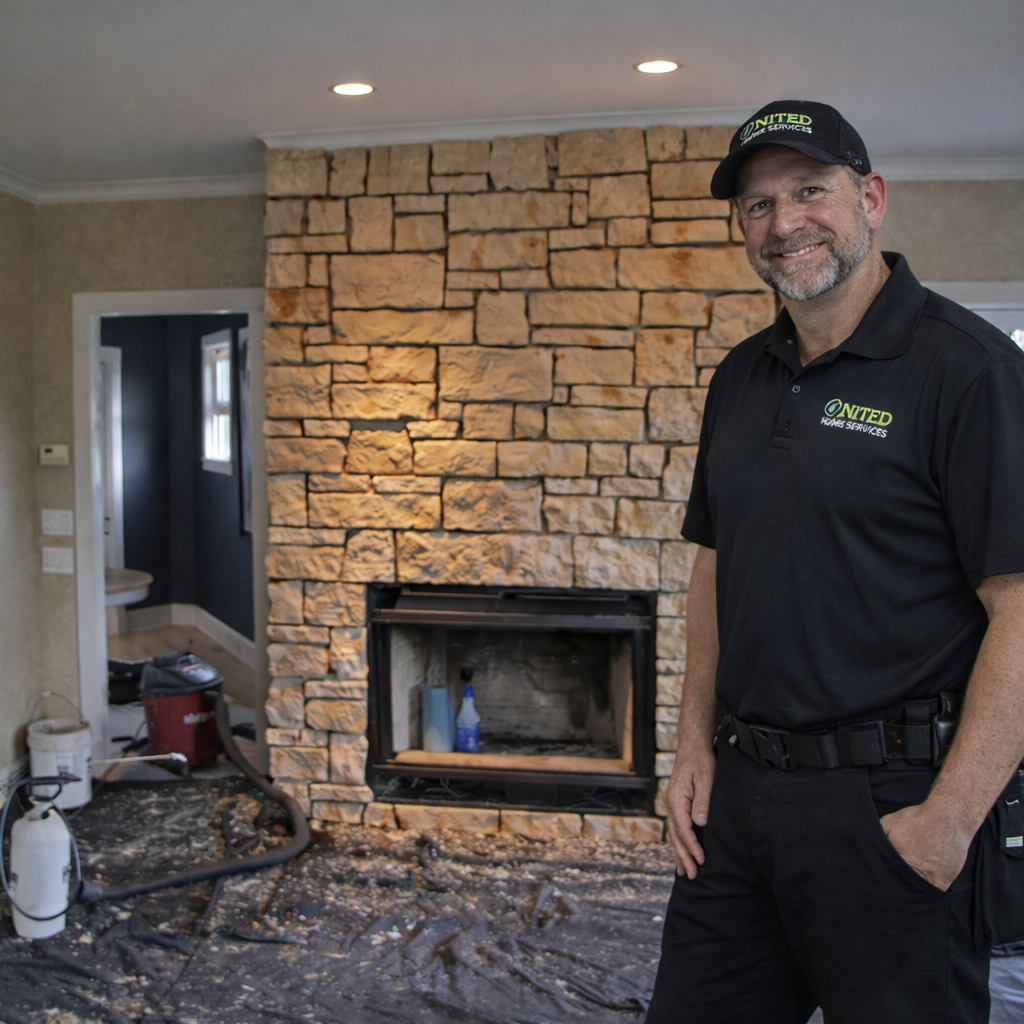 technician working in living room renovation